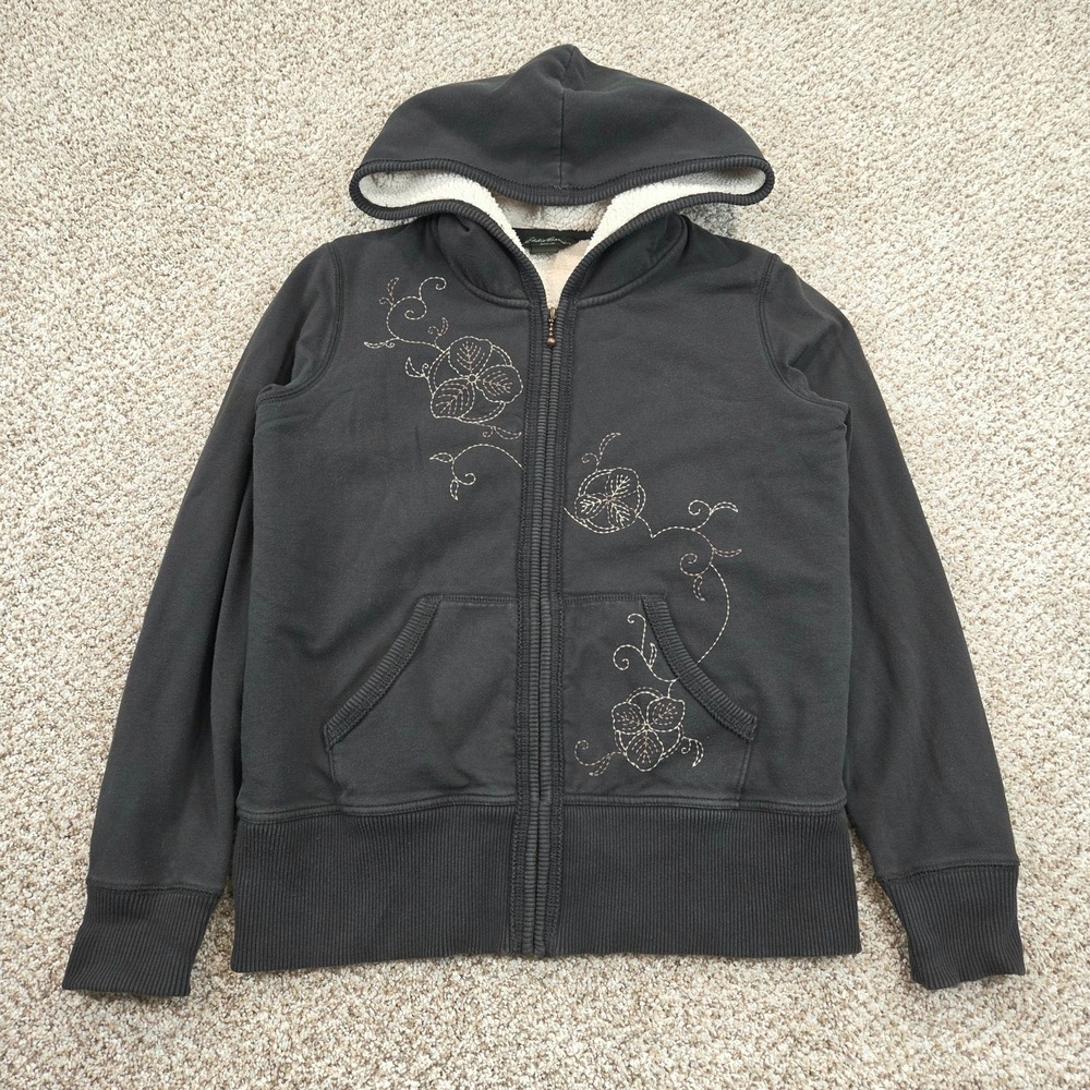 Eddie Bauer Womens PM Sherpa Lined Hoodie Dark Gray Floral Embroidered Y2K Style